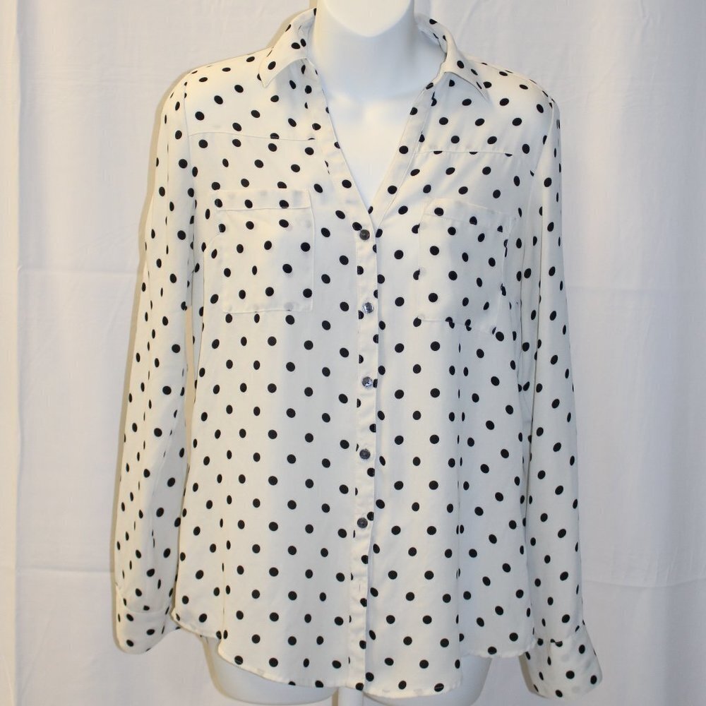Lot Express Women’s Long Sleeve Button Up Shirts Size Small Black Blue Polka Dot